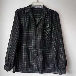 Vintage 80s Loubella Black Metallic Silver Grid Sheer Button Front Shirt 12